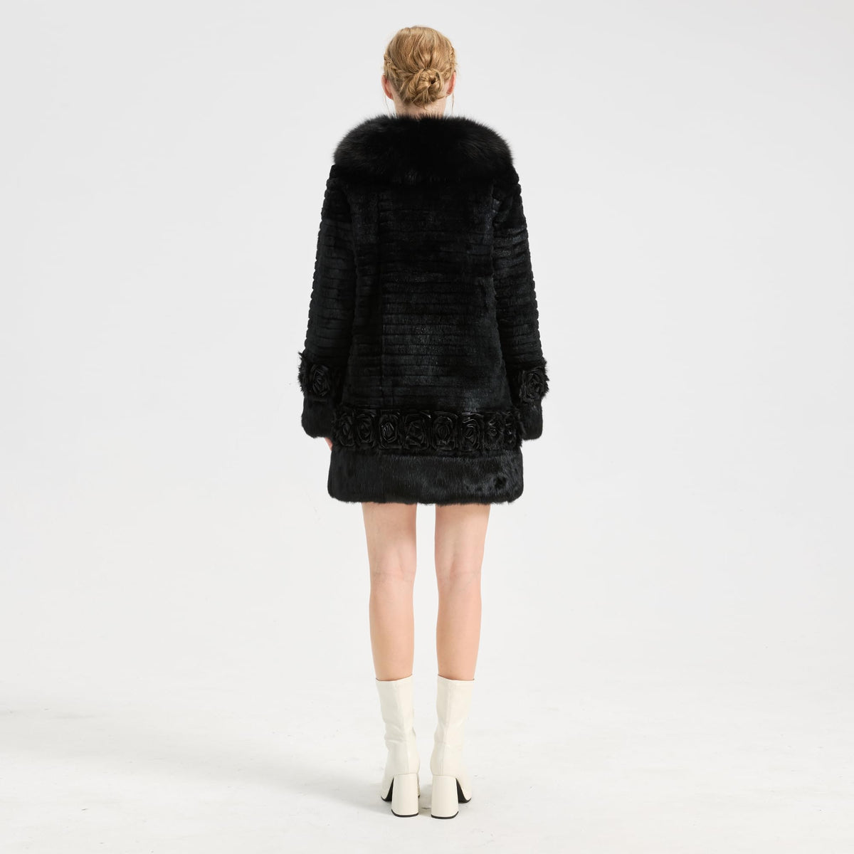 Women's Real Rabbit Fur Coat Furry Long Jacket Winter Warm Outerwear Fox Fur Collar Flower Decoration