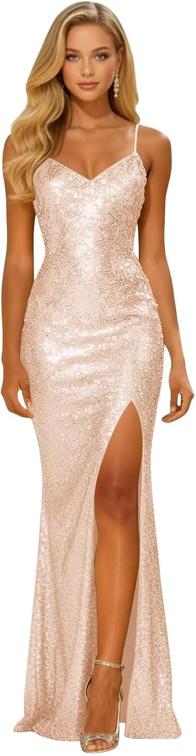 Long Sparkly Sequin V Neck Prom Dresses with Slit Mermaid Formal Evening Party Gown 2026