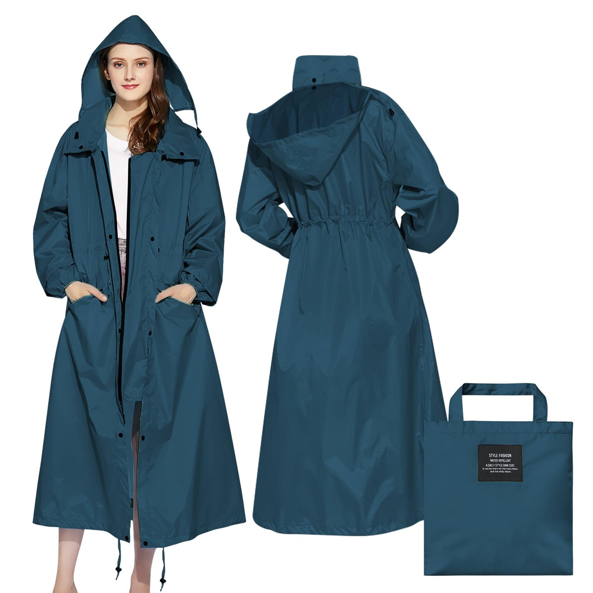 LAMA Womens Long Raincoats Rain Jacket Waterproof Packable Hooded Windbreaker Lightweight Adjustable Waist for Outdoor