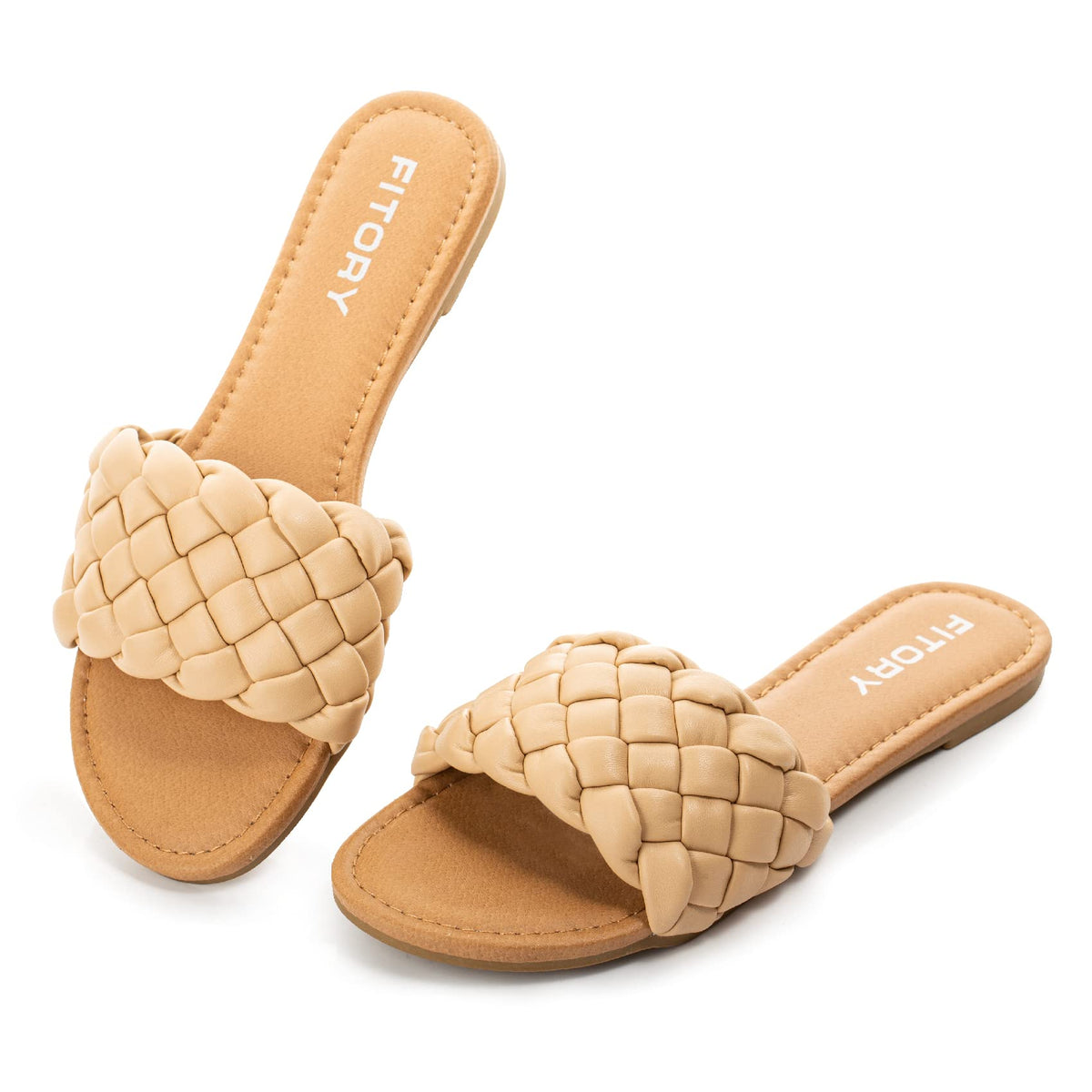 FITORY Womens Flat Sandals Fashion Round Open Toe Slip On Slides with Braided Strap Slippers for Summer Size 6-11