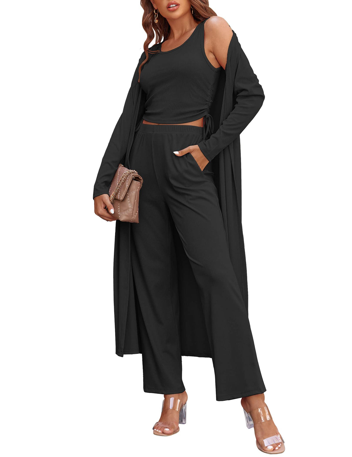 Ekouaer Women's 3 Piece Knit Lounge Set Pajama Long Sleeve Cardigan Sleeveless Top Pants Sweatsuit S-XXL