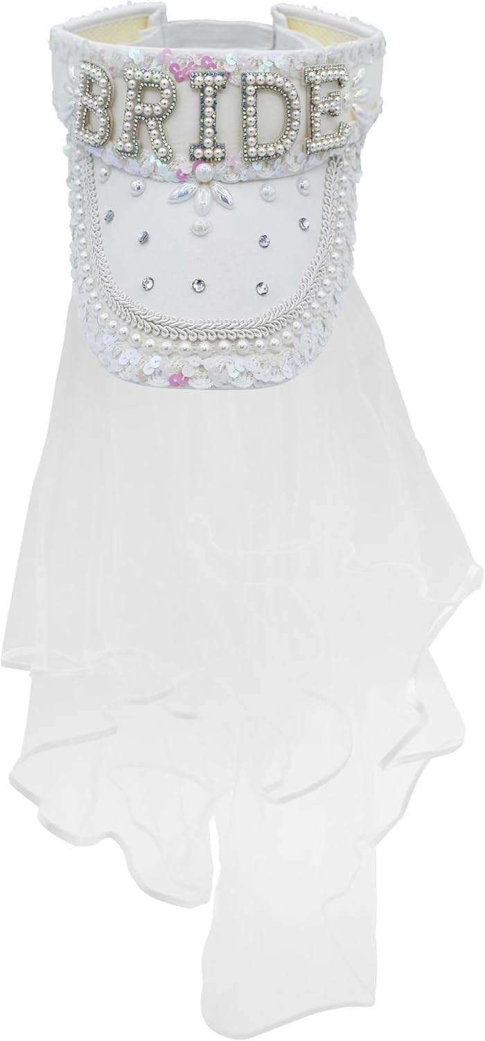 Nicky Bigs Novelties Bride Sun Visor with Detachable Veil Cream White Bachelorette Hat with Sequins Pearls & Rhinestones Adjustable Party Cap for Beach Wedding Festival or Cosplay