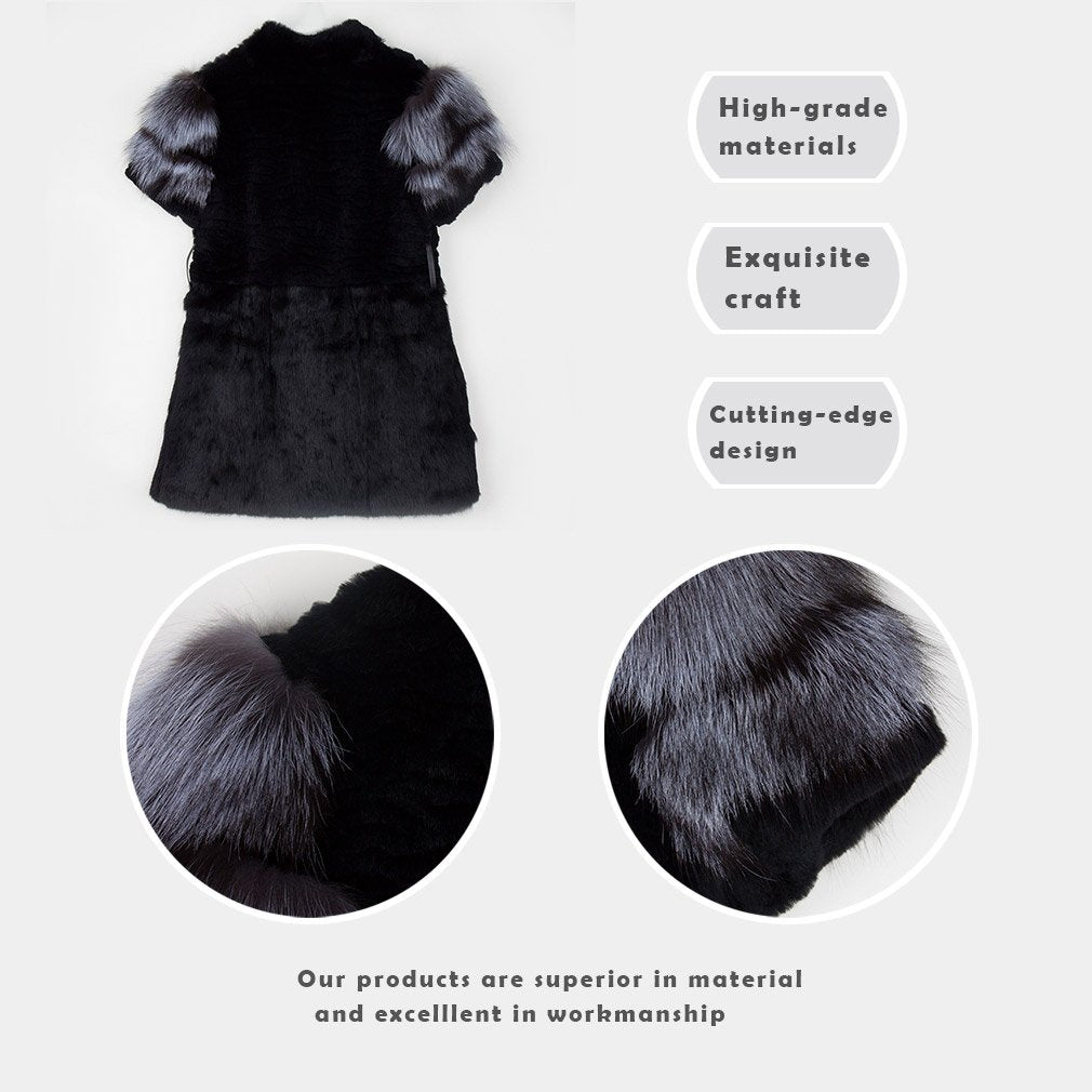 Fur Story Women's Genuine Rabbit Fur Coat With Fox Fur Cuffs Warm Winter Coat Black Long Jacket