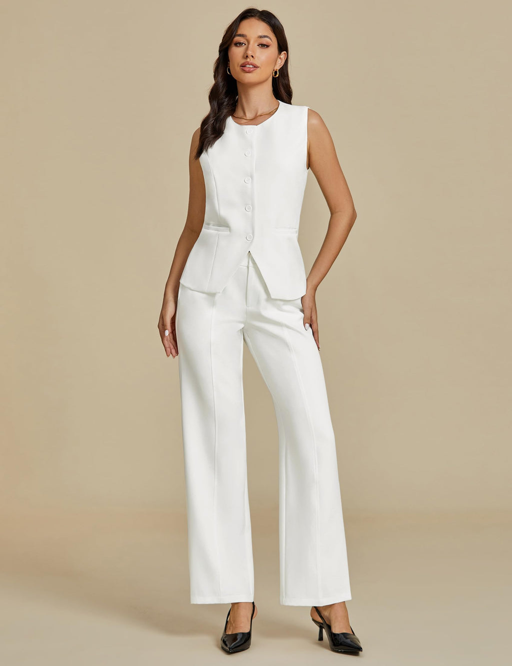 luvamia Vest Pants Suits for Women Dressy 2 Piece Business Casual Outfits Sleeveless Blazer Wide Leg Pants Pantsuit Sets