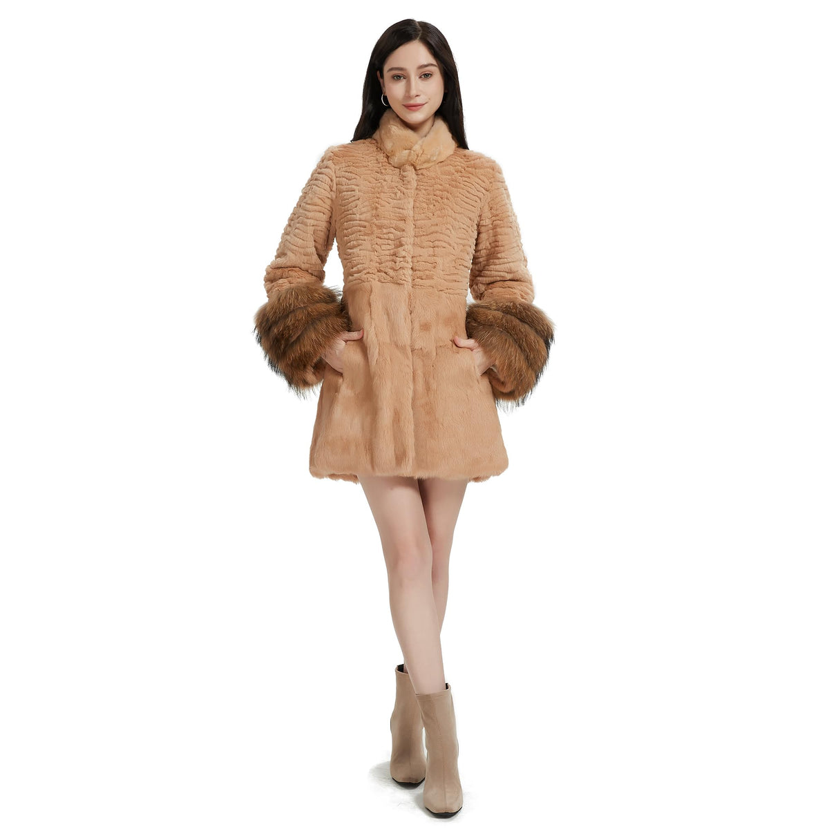 Fur Story Women's Genuine Rabbit Fur Coat With Fox Fur Cuffs Warm Winter Coat Black Long Jacket