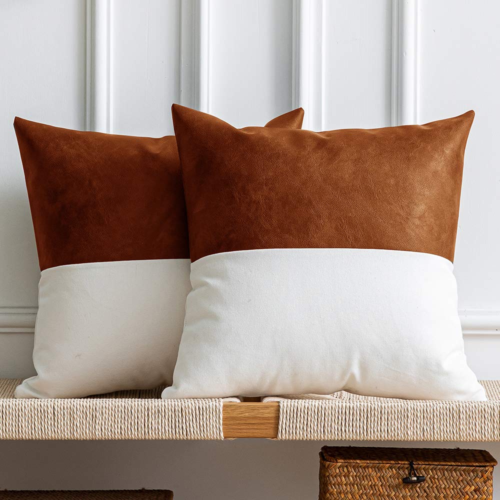 DEZENE Leather Throw Pillow Covers, Set of 2 Modern Leather/Cotton Decorative Pillowcases for Home Decor Bedroom Living Room Couch Bed Sofa, 18x18 Inch, Cognac-Brown and White