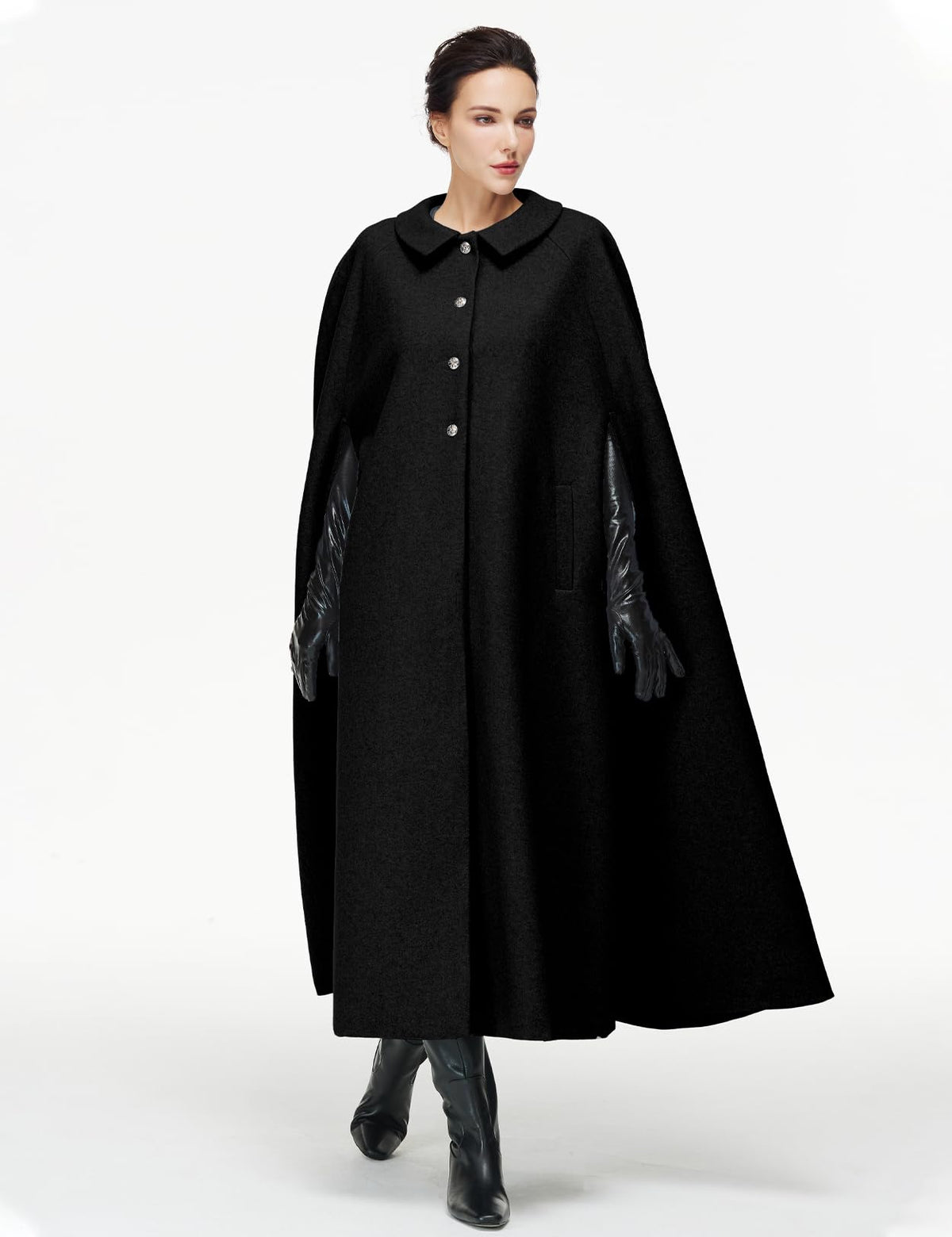 Women Wool Blend Single-Breasted Cape Coat Vintage Jacket Outwear with Pockets for Fall Winter