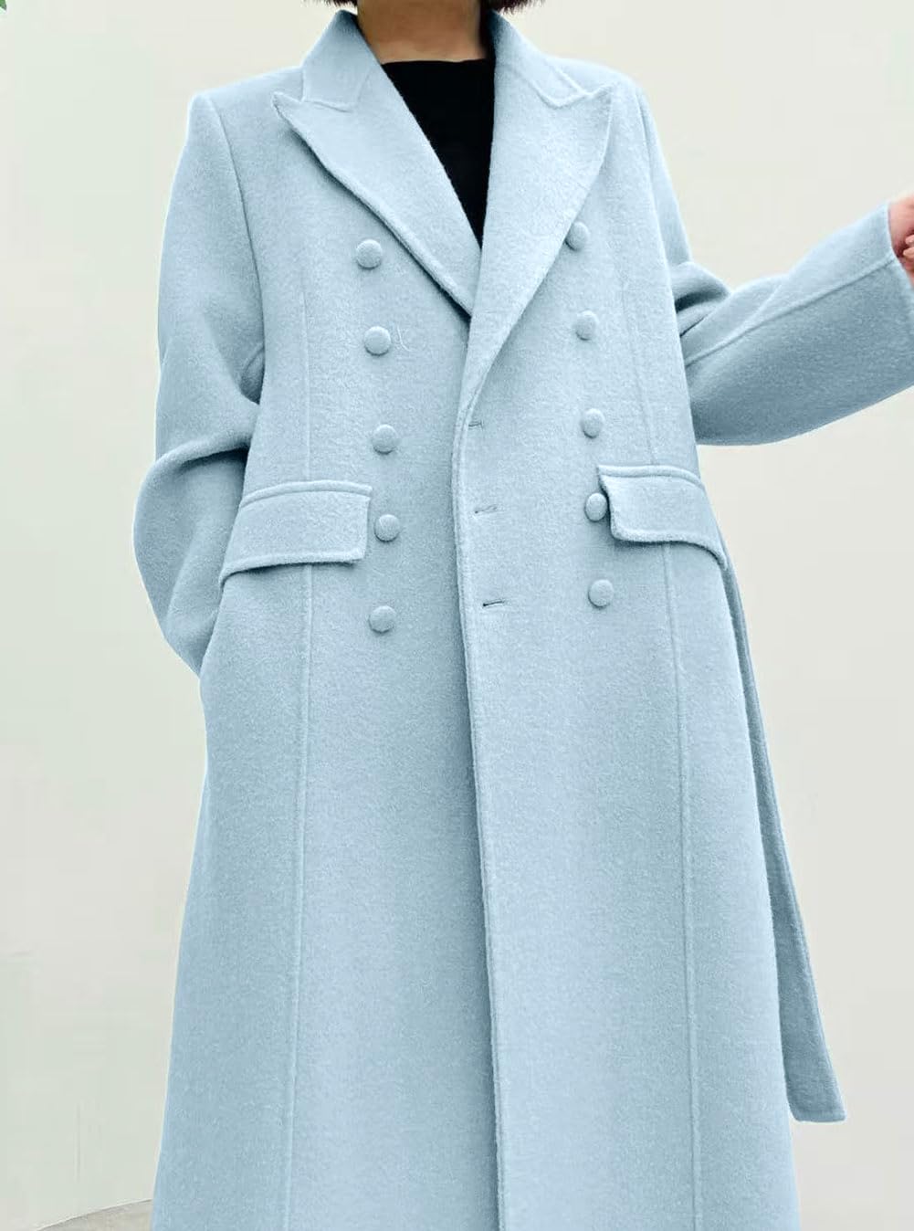 CHARTOU Women Long Winter Wool Pea Coat Lapel Double Breasted Trench Over Coat with Belt