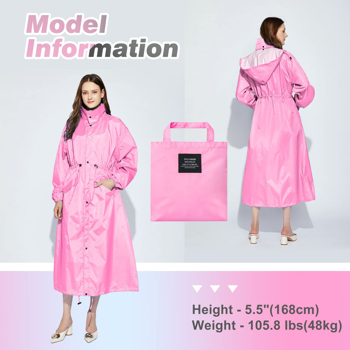 LAMA Womens Long Raincoats Rain Jacket Waterproof Packable Hooded Windbreaker Lightweight Adjustable Waist for Outdoor
