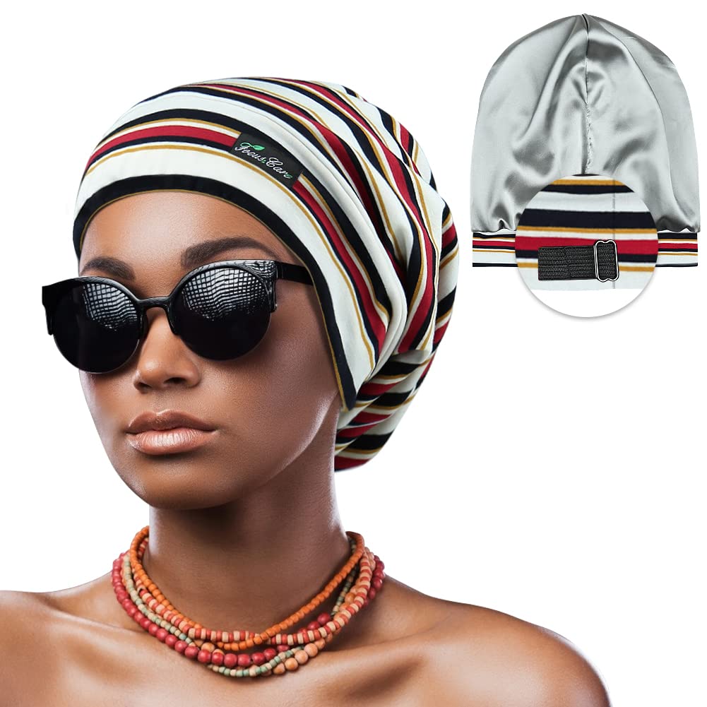 Adjustable Satin Lined Sleep Cap for Dreadlocks Curly Hair Large Head-Stay On Overnight