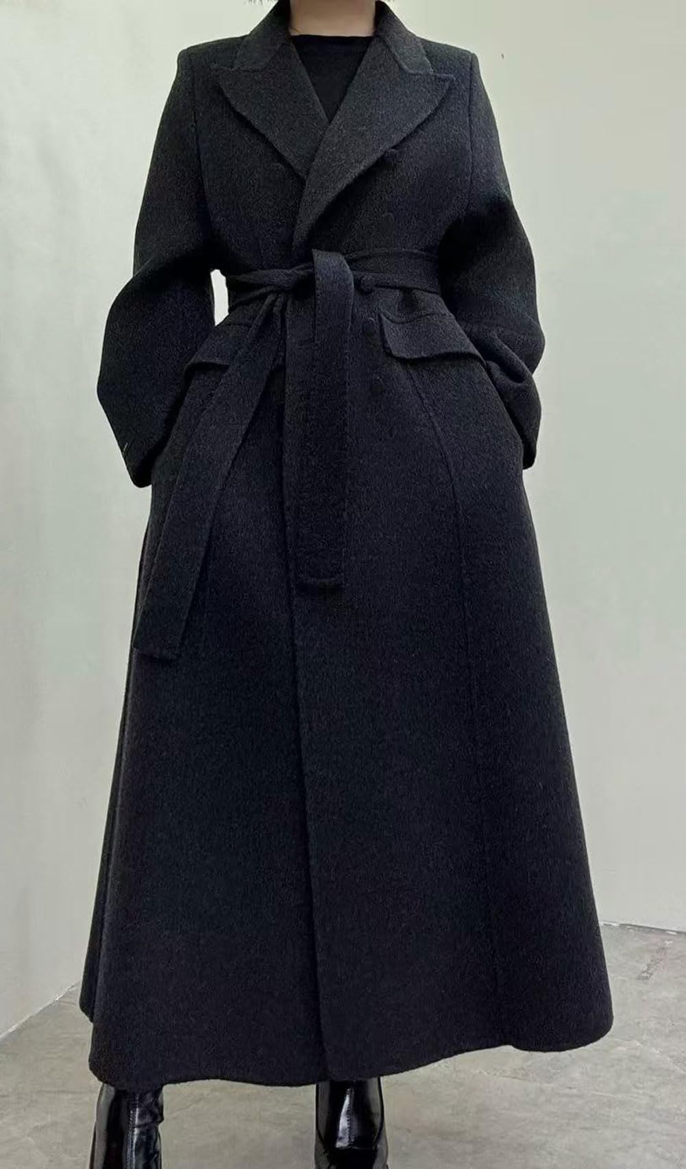 CHARTOU Women Long Winter Wool Pea Coat Lapel Double Breasted Trench Over Coat with Belt