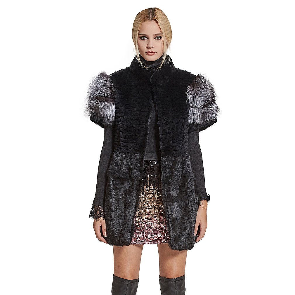 Fur Story Women's Genuine Rabbit Fur Coat With Fox Fur Cuffs Warm Winter Coat Black Long Jacket
