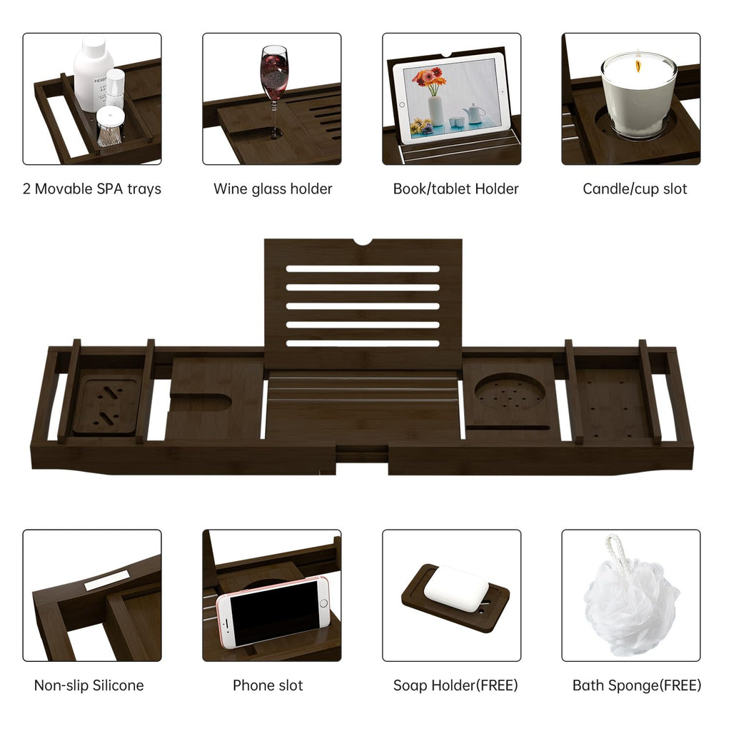 Zhuoyue Bamboo Bathtub Tray, Expandable Premium Bath Tray for Luxury Bathroom, Adjustable Bath Accessories for Tub with Soap Towel Book Holder, Extendable 29.5-43.3" White