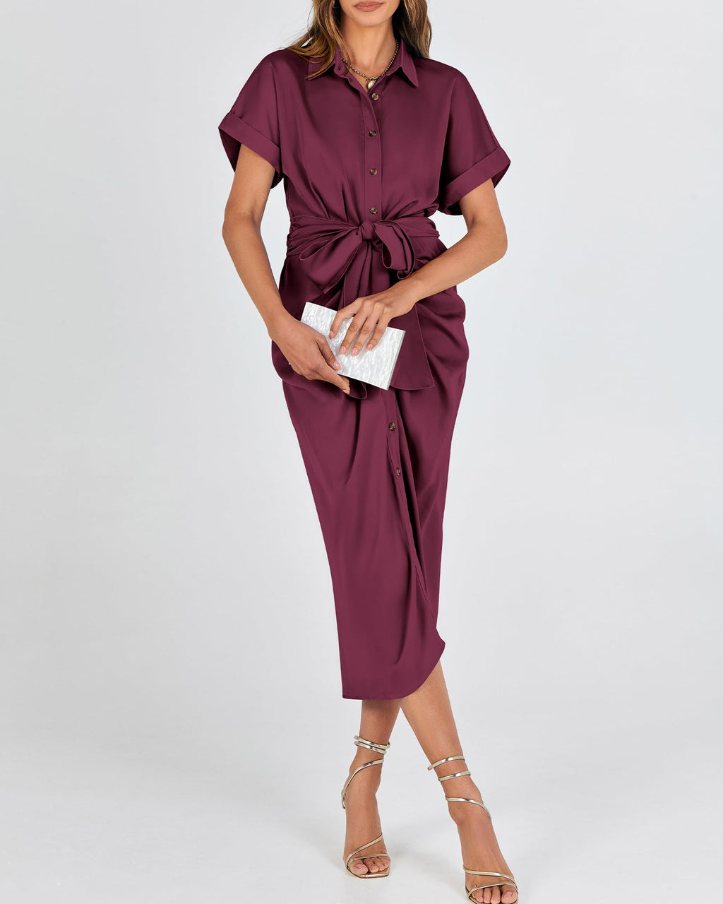 BTFBM Women Button Down Ruched Shirt Dresses Satin Short Sleeve Lapel V Neck Summer Maxi Dress 2025 Party Wedding Guest