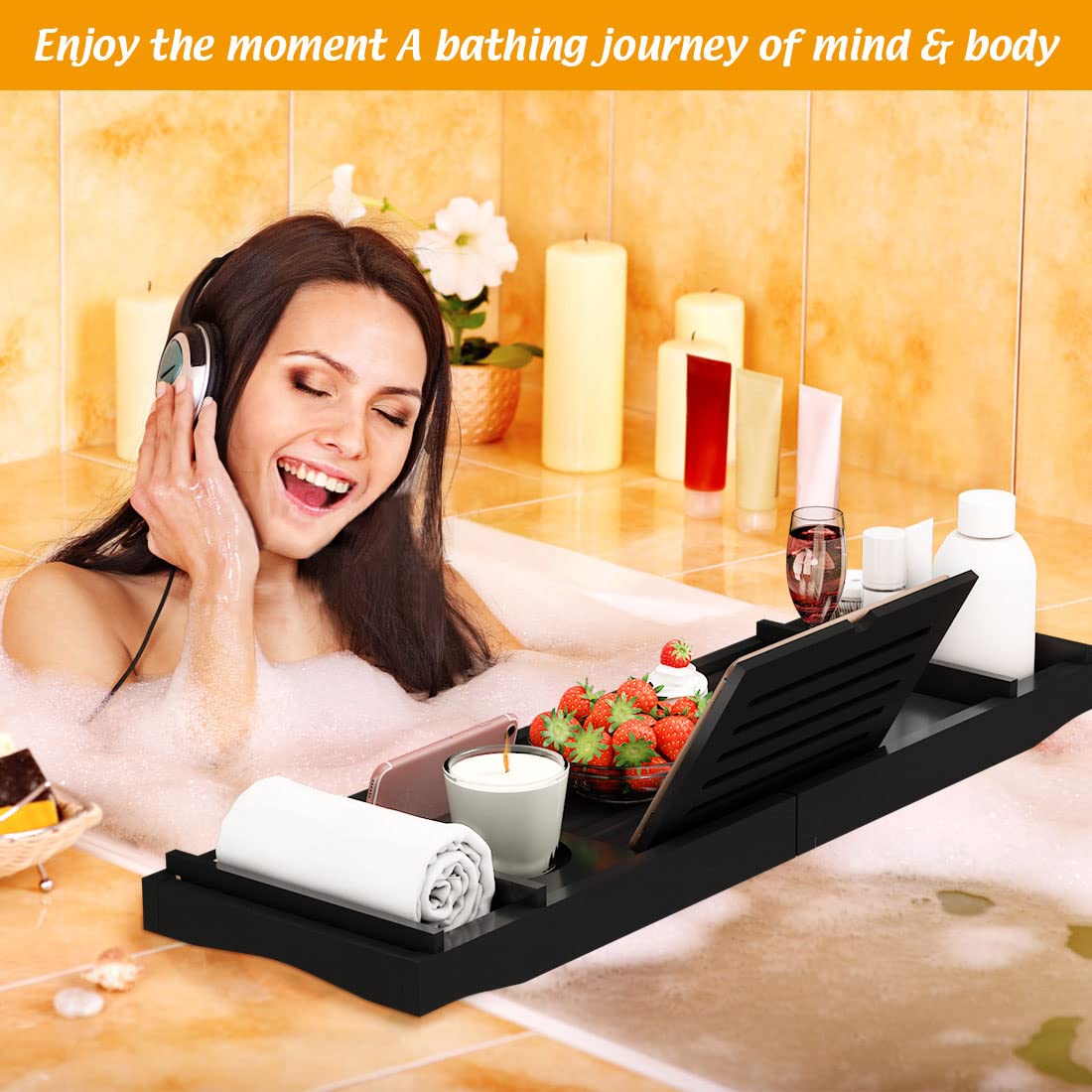 Zhuoyue Bamboo Bathtub Tray, Expandable Premium Bath Tray for Luxury Bathroom, Adjustable Bath Accessories for Tub with Soap Towel Book Holder, Extendable 29.5-43.3" White