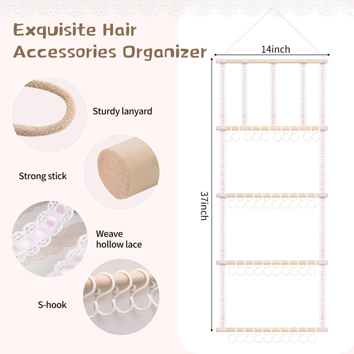 POVETIRE Headband Holder Hair Bows Organizer for Girls, Baby Headbands Hair Accessories Organizer Storage Wall Hanging Decor for Toddler Girls Room
