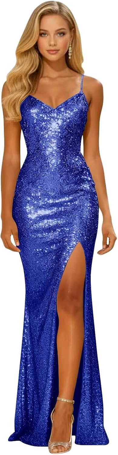 Long Sparkly Sequin V Neck Prom Dresses with Slit Mermaid Formal Evening Party Gown 2026