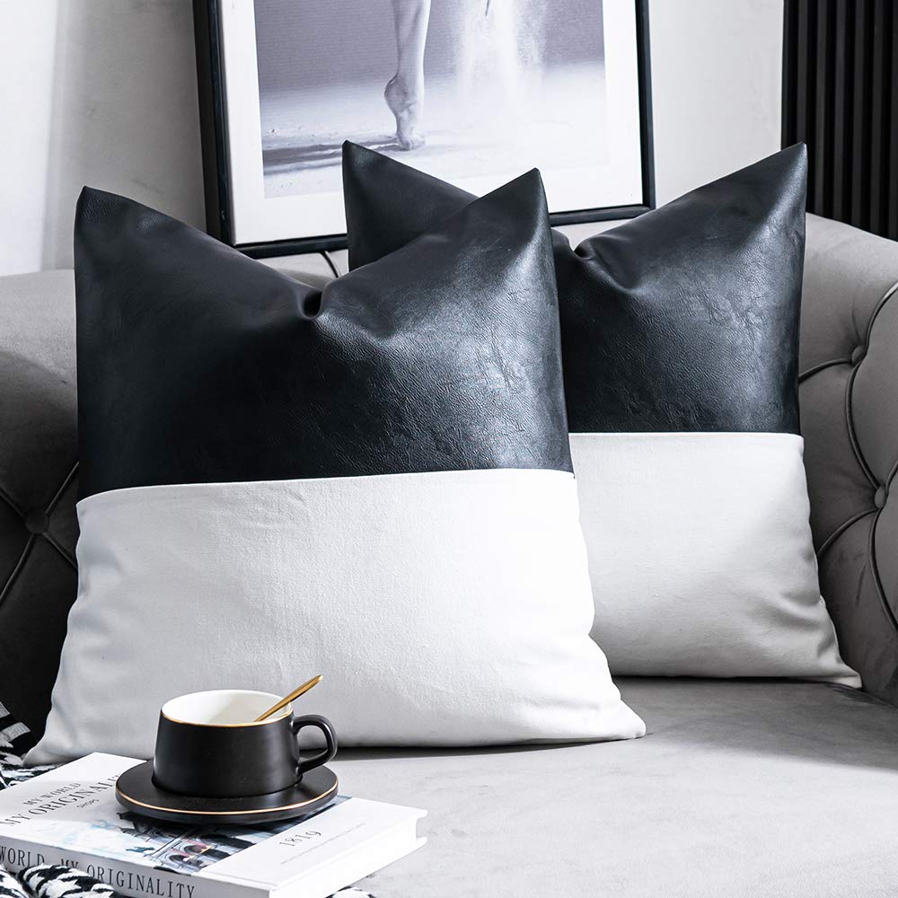 DEZENE Leather Throw Pillow Covers, Set of 2 Modern Leather/Cotton Decorative Pillowcases for Home Decor Bedroom Living Room Couch Bed Sofa, 18x18 Inch, Cognac-Brown and White