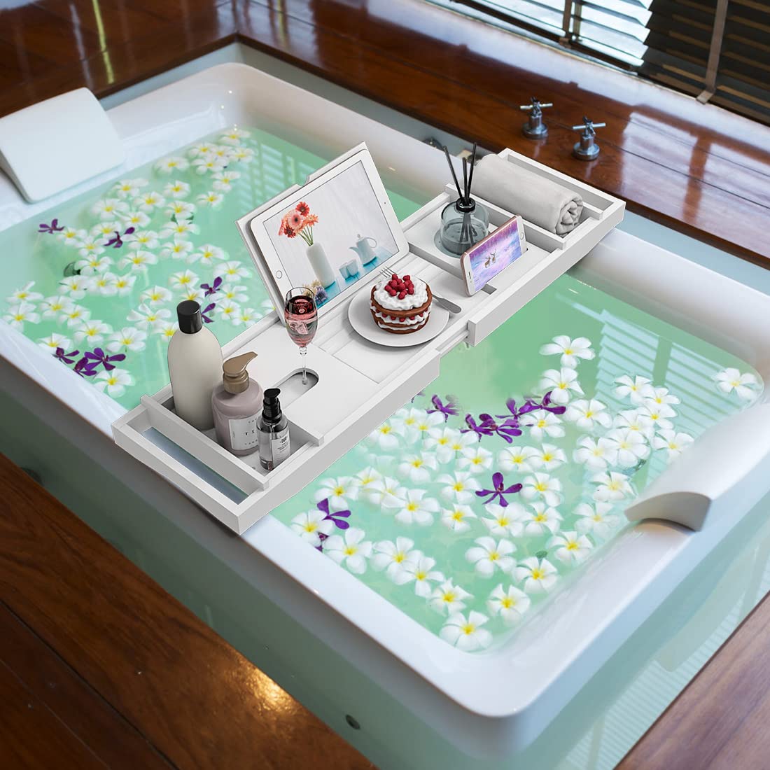 Zhuoyue Bamboo Bathtub Tray, Expandable Premium Bath Tray for Luxury Bathroom, Adjustable Bath Accessories for Tub with Soap Towel Book Holder, Extendable 29.5-43.3" White