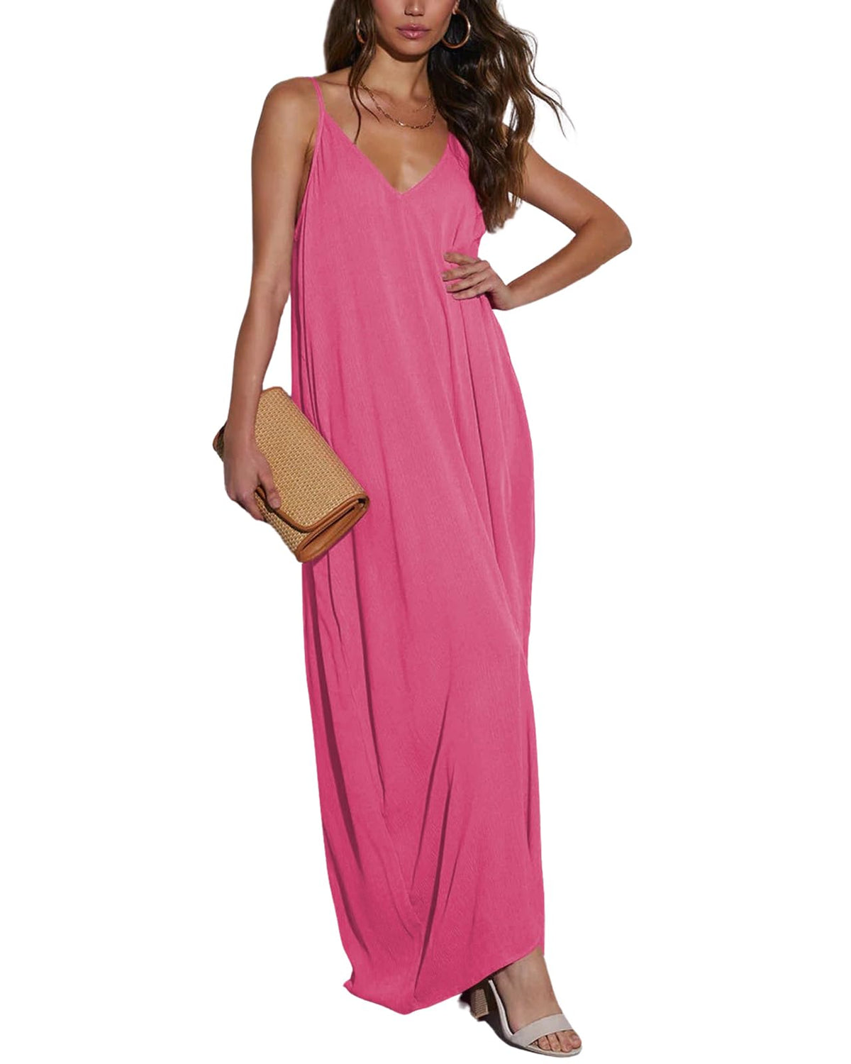Poetsky Womens Casual Strappy V Neck Sleeveless Flowy Pockets Loose Long Maxi Beach Dress Sundress