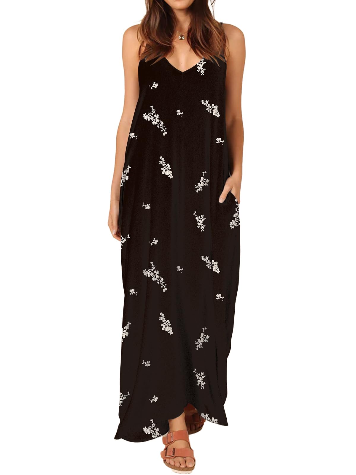 Poetsky Womens Casual Strappy V Neck Sleeveless Flowy Pockets Loose Long Maxi Beach Dress Sundress