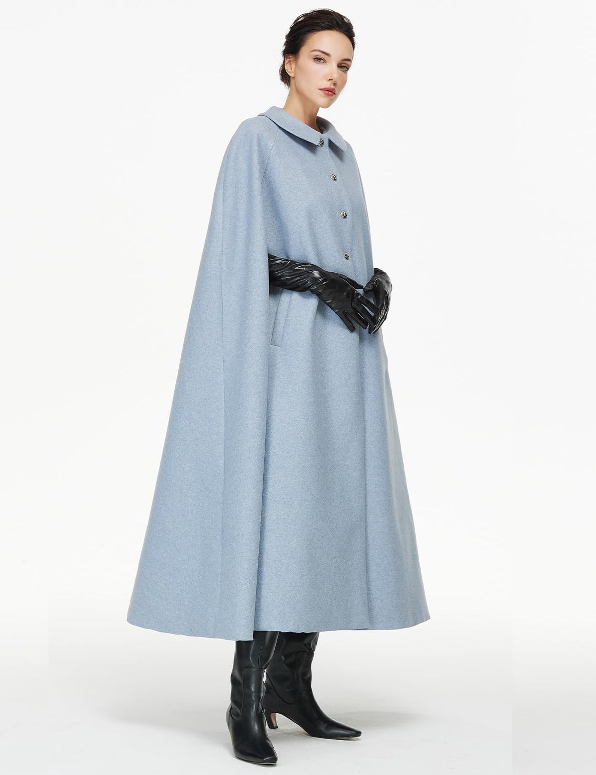 Women Wool Blend Single-Breasted Cape Coat Vintage Jacket Outwear with Pockets for Fall Winter
