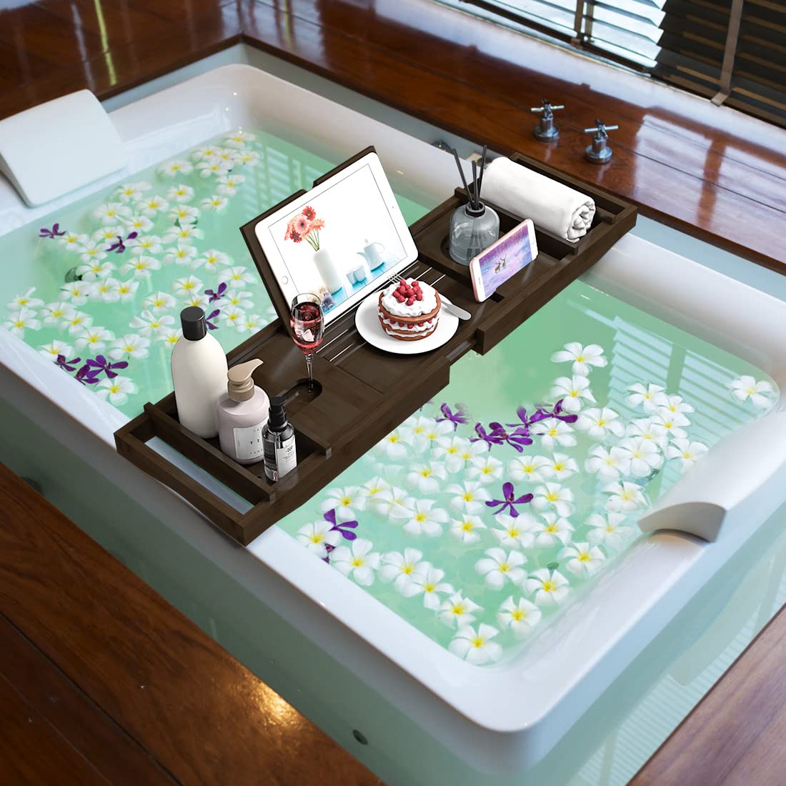 Zhuoyue Bamboo Bathtub Tray, Expandable Premium Bath Tray for Luxury Bathroom, Adjustable Bath Accessories for Tub with Soap Towel Book Holder, Extendable 29.5-43.3" White