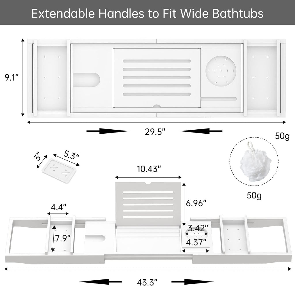 Zhuoyue Bamboo Bathtub Tray, Expandable Premium Bath Tray for Luxury Bathroom, Adjustable Bath Accessories for Tub with Soap Towel Book Holder, Extendable 29.5-43.3" White