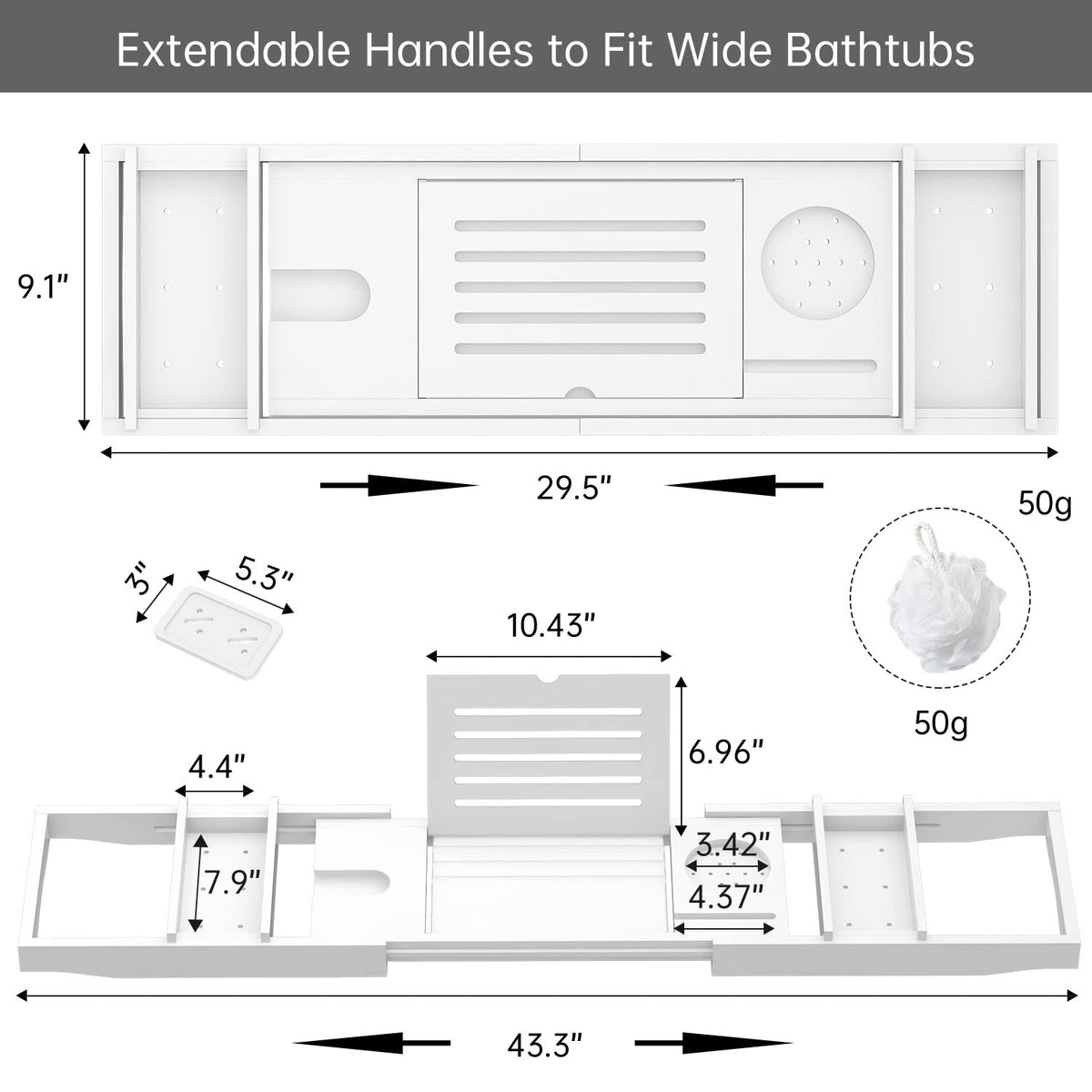 Zhuoyue Bamboo Bathtub Tray, Expandable Premium Bath Tray for Luxury Bathroom, Adjustable Bath Accessories for Tub with Soap Towel Book Holder, Extendable 29.5-43.3" White