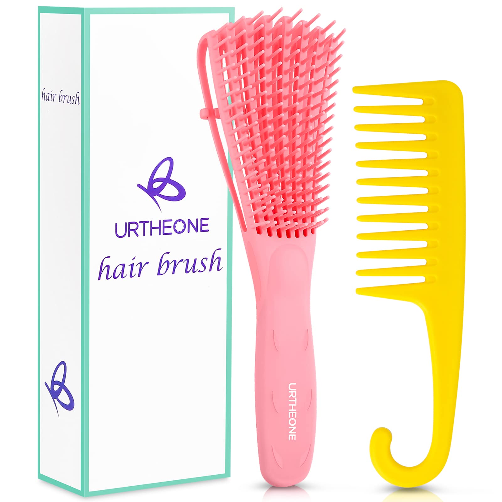 Detangling Hair Brush,Hair Detangler Brush and Wide Tooth Comb Set for Black Natural Curly Wet Dry Thick Straight Long Hair, Afro American Type 3a-4c, Comfortable Grip,Easy to Clean, Durable