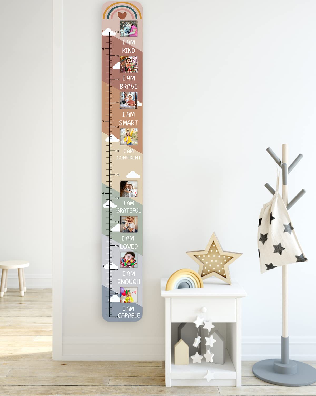 Garybank Solid Wood Growth Chart for Kids with Picture Frames, Height Measurement Ruler Milestone Markers, Foldable Kids Height Wall Chart, Christmas Keepsake Gift for Toddler Boy Girl Room Wall Decor