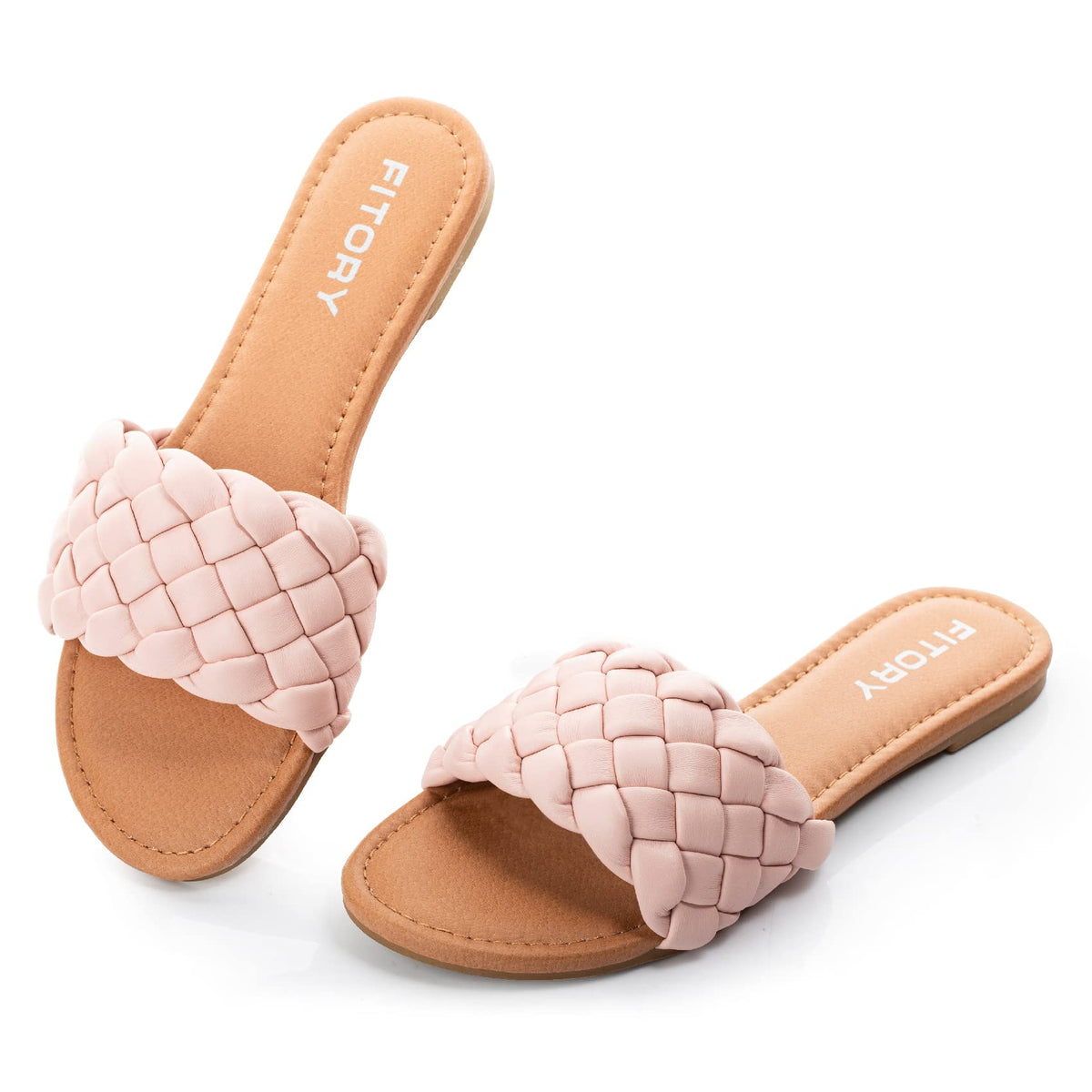 FITORY Womens Flat Sandals Fashion Round Open Toe Slip On Slides with Braided Strap Slippers for Summer Size 6-11