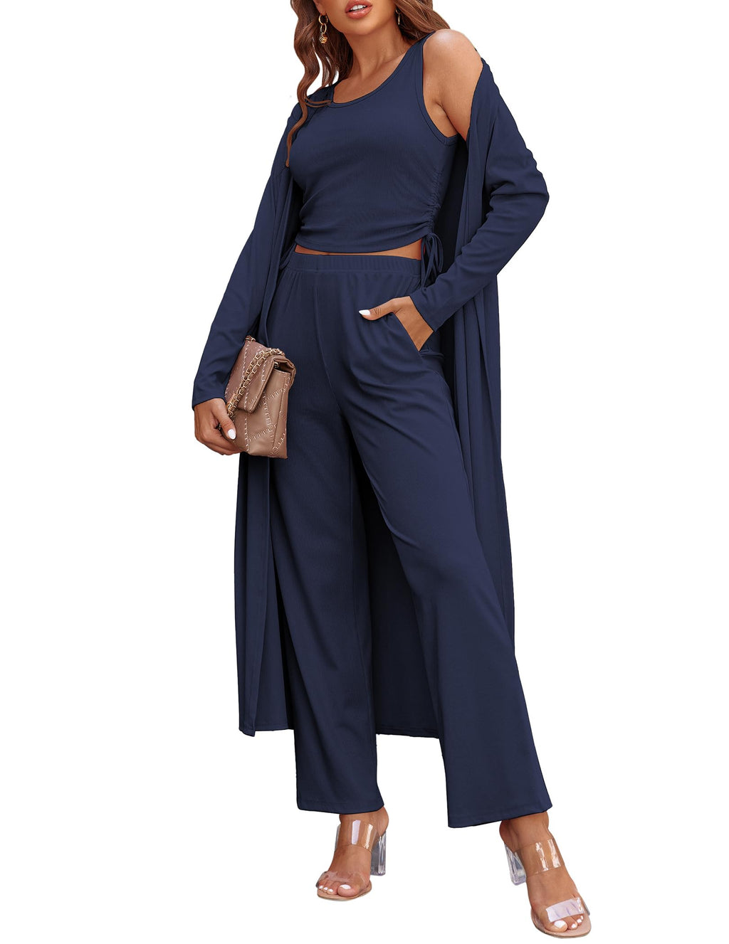 Ekouaer Women's 3 Piece Knit Lounge Set Pajama Long Sleeve Cardigan Sleeveless Top Pants Sweatsuit S-XXL