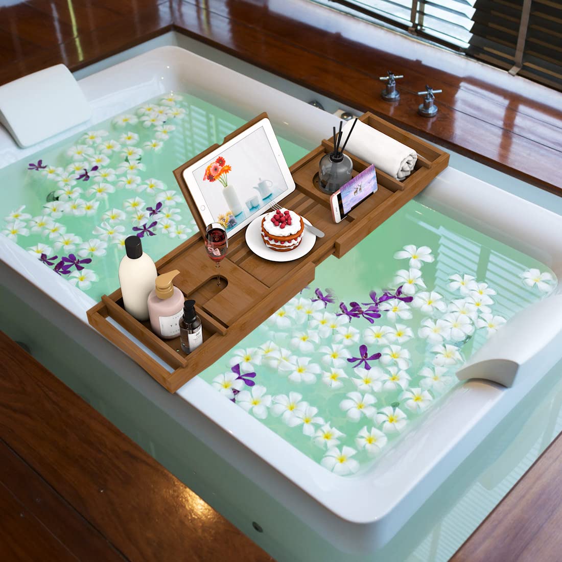 Zhuoyue Bamboo Bathtub Tray, Expandable Premium Bath Tray for Luxury Bathroom, Adjustable Bath Accessories for Tub with Soap Towel Book Holder, Extendable 29.5-43.3" White