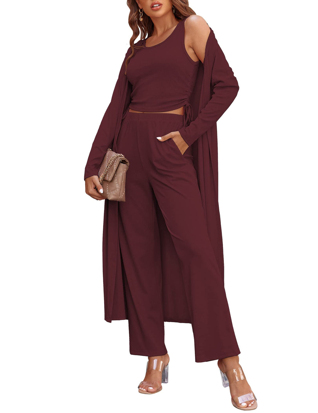 Ekouaer Women's 3 Piece Knit Lounge Set Pajama Long Sleeve Cardigan Sleeveless Top Pants Sweatsuit S-XXL