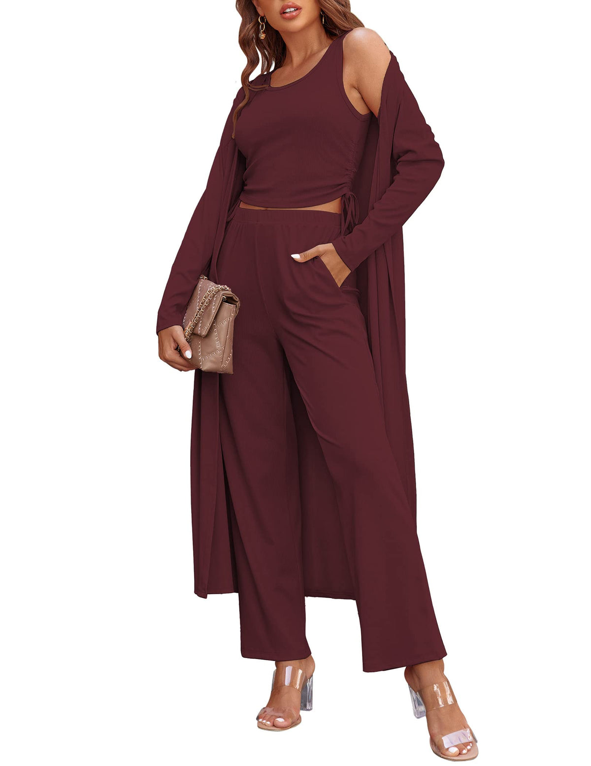 Ekouaer Women's 3 Piece Knit Lounge Set Pajama Long Sleeve Cardigan Sleeveless Top Pants Sweatsuit S-XXL