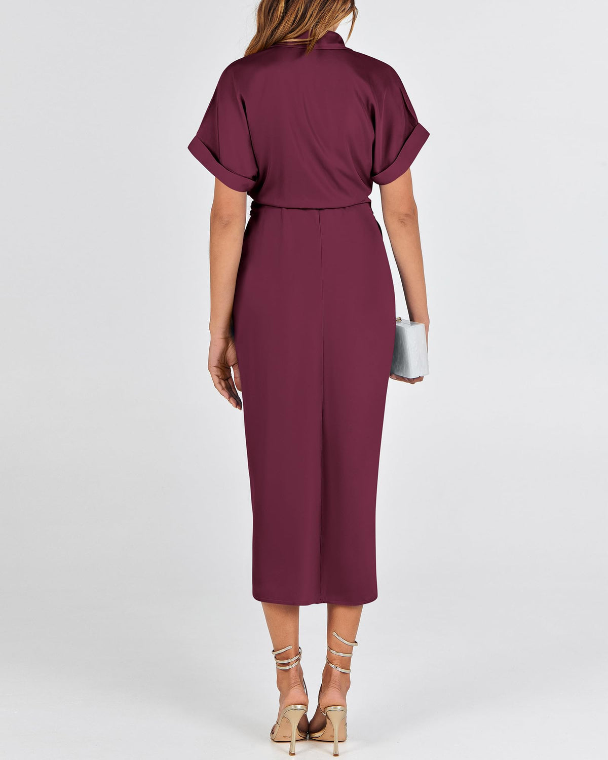 BTFBM Women Button Down Ruched Shirt Dresses Satin Short Sleeve Lapel V Neck Summer Maxi Dress 2025 Party Wedding Guest