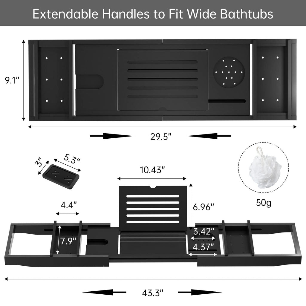 Zhuoyue Bamboo Bathtub Tray, Expandable Premium Bath Tray for Luxury Bathroom, Adjustable Bath Accessories for Tub with Soap Towel Book Holder, Extendable 29.5-43.3" White