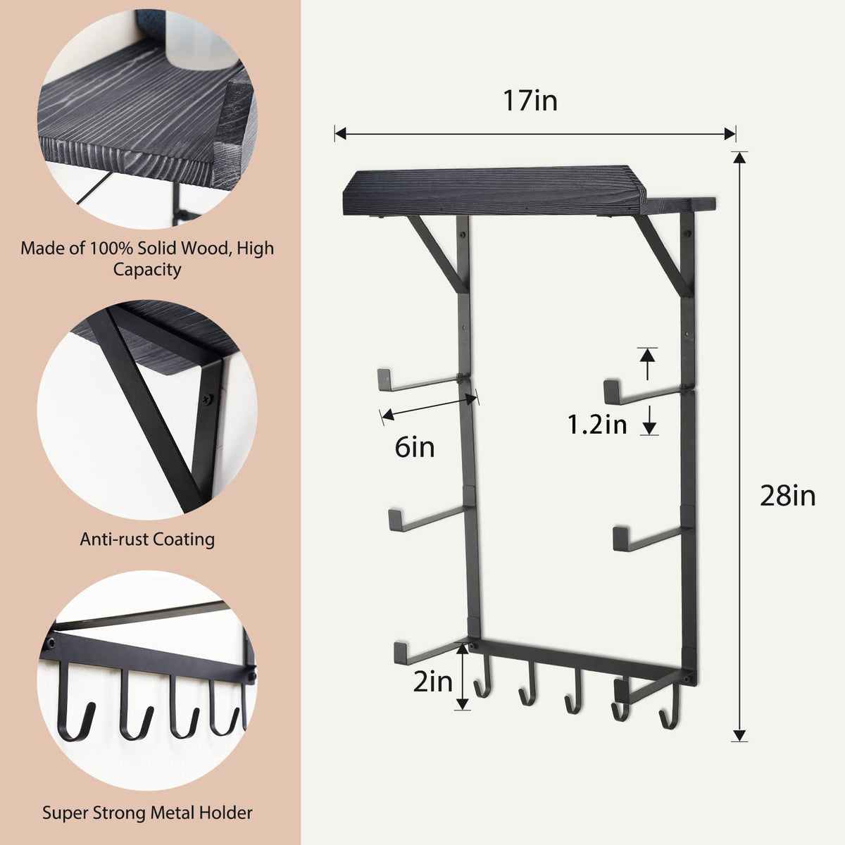 Yoga Mat Holder Wall Mount,17" x 28" Yoga Mat Rack Home Gym Accessories, Storage for Foam Roller, with Wood Floating Shelves and 5 Hooks for Hanging Yoga Strap and Resistance Bands