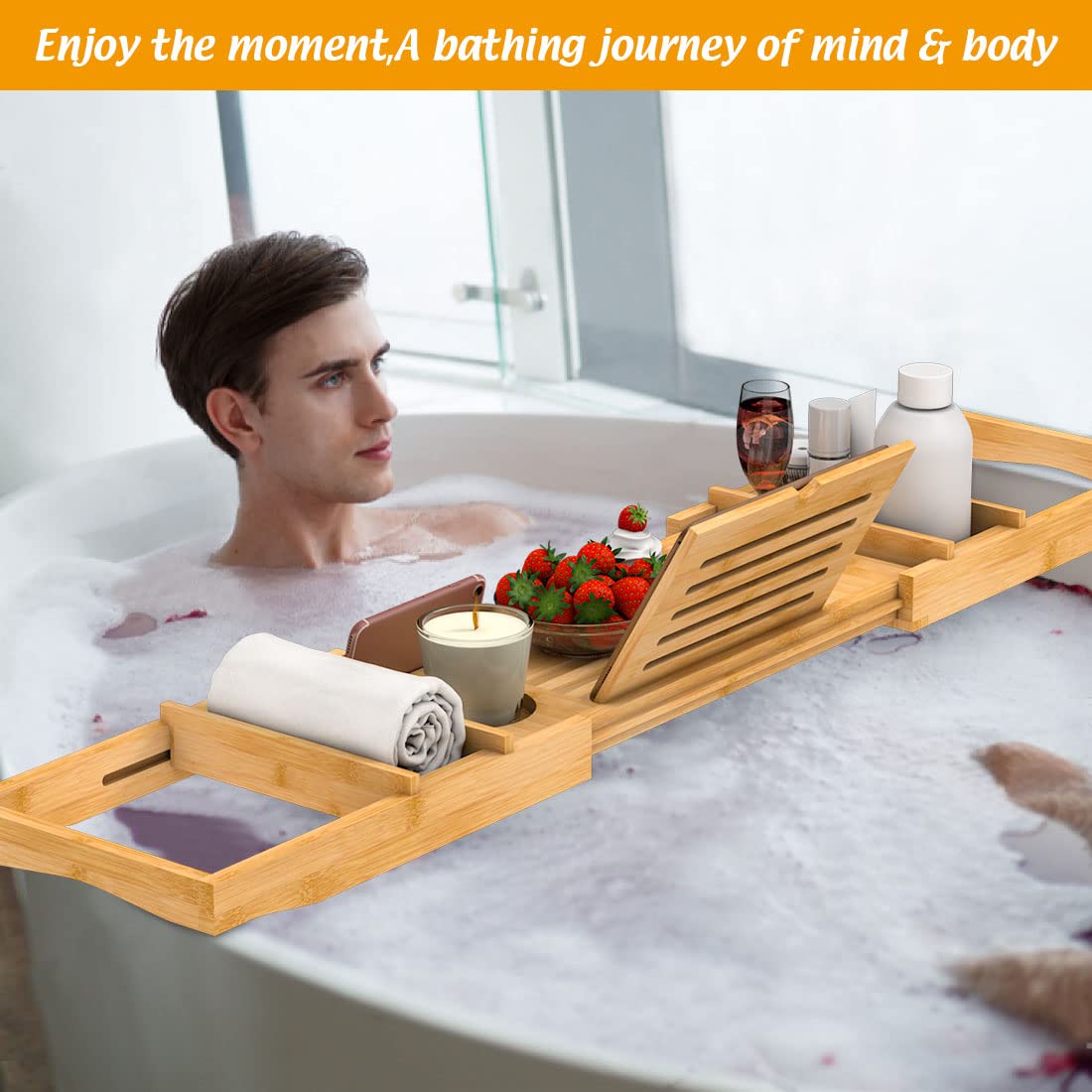Zhuoyue Bamboo Bathtub Tray, Expandable Premium Bath Tray for Luxury Bathroom, Adjustable Bath Accessories for Tub with Soap Towel Book Holder, Extendable 29.5-43.3" White