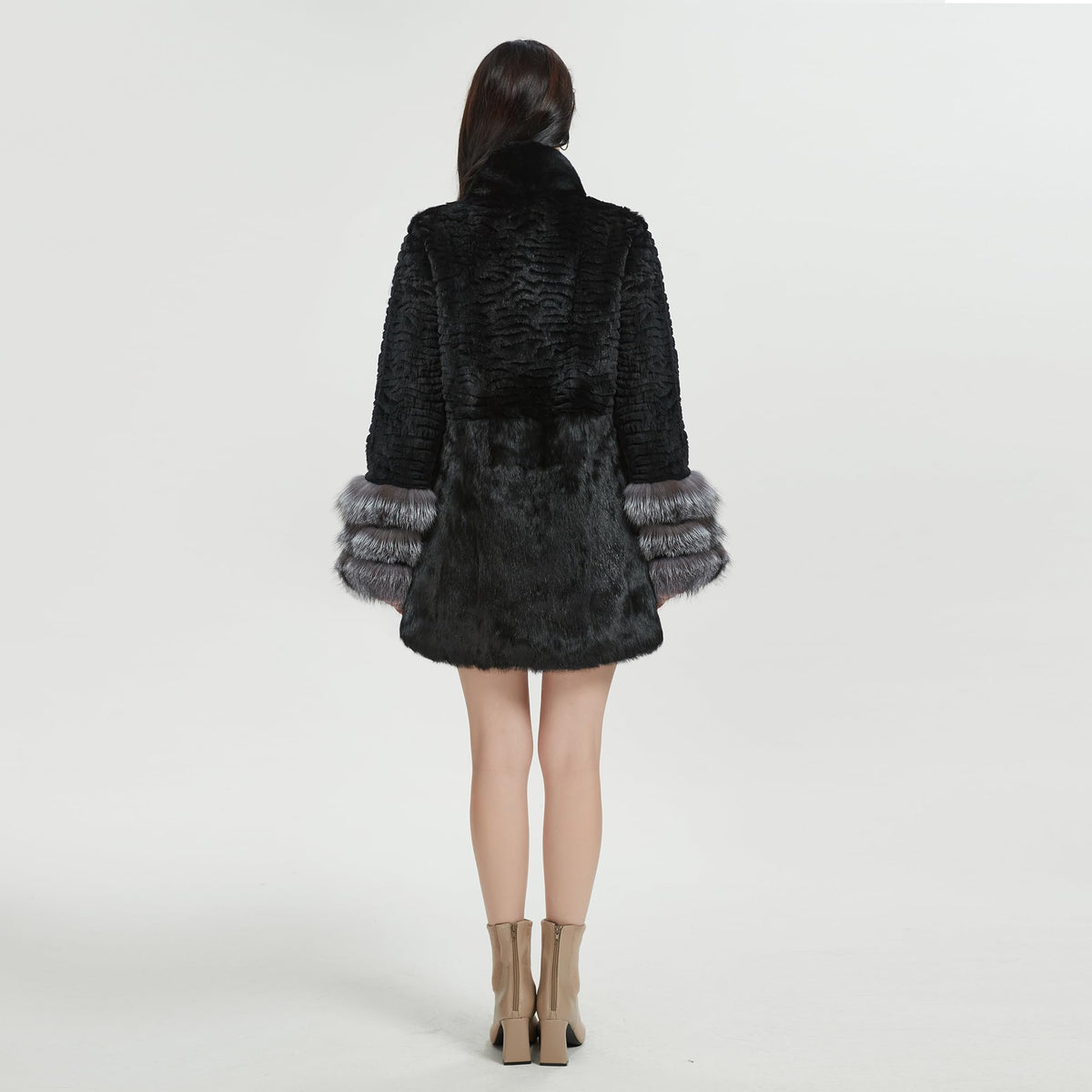 Fur Story Women's Genuine Rabbit Fur Coat With Fox Fur Cuffs Warm Winter Coat Black Long Jacket