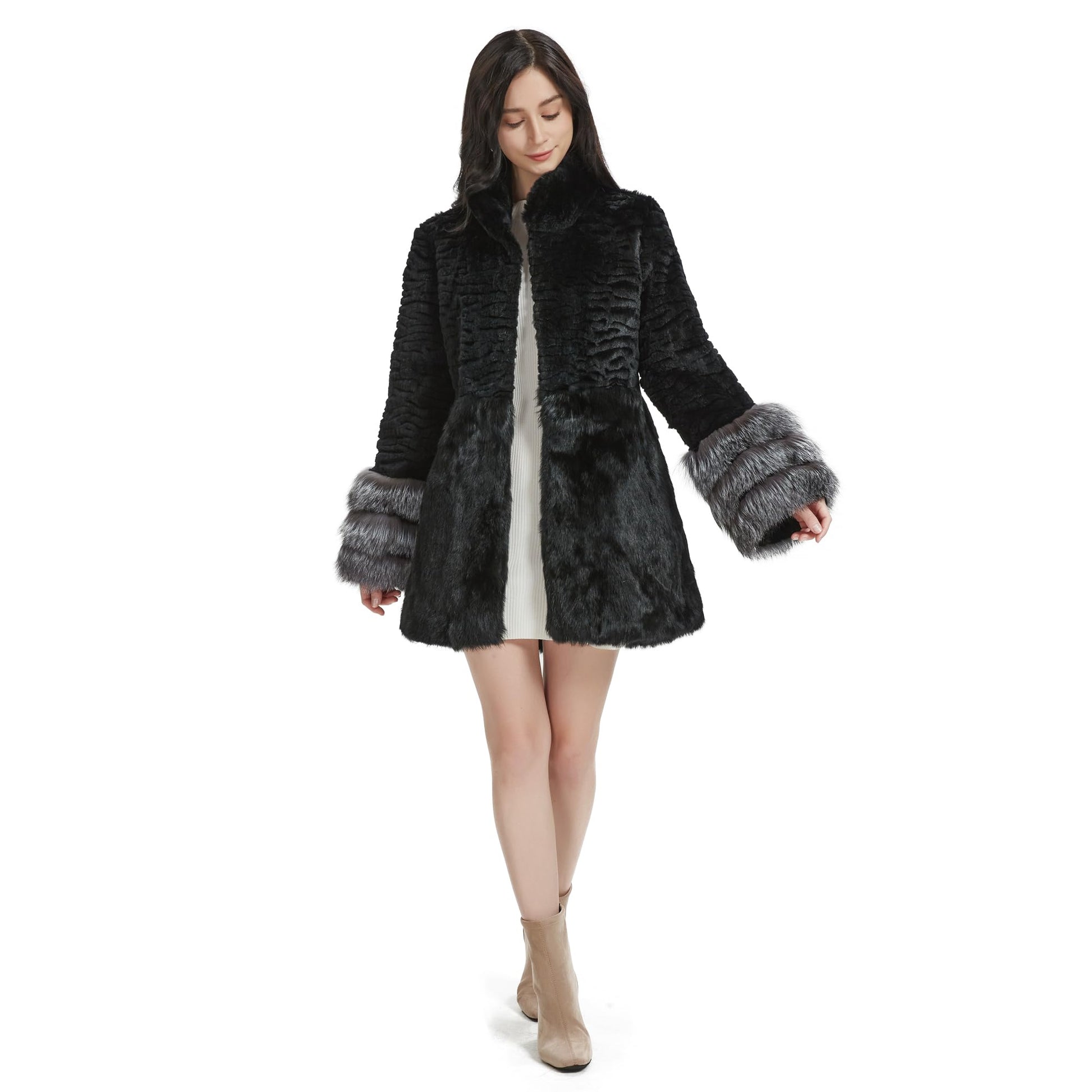 Fur Story Women's Genuine Rabbit Fur Coat With Fox Fur Cuffs Warm Winter Coat Black Long Jacket