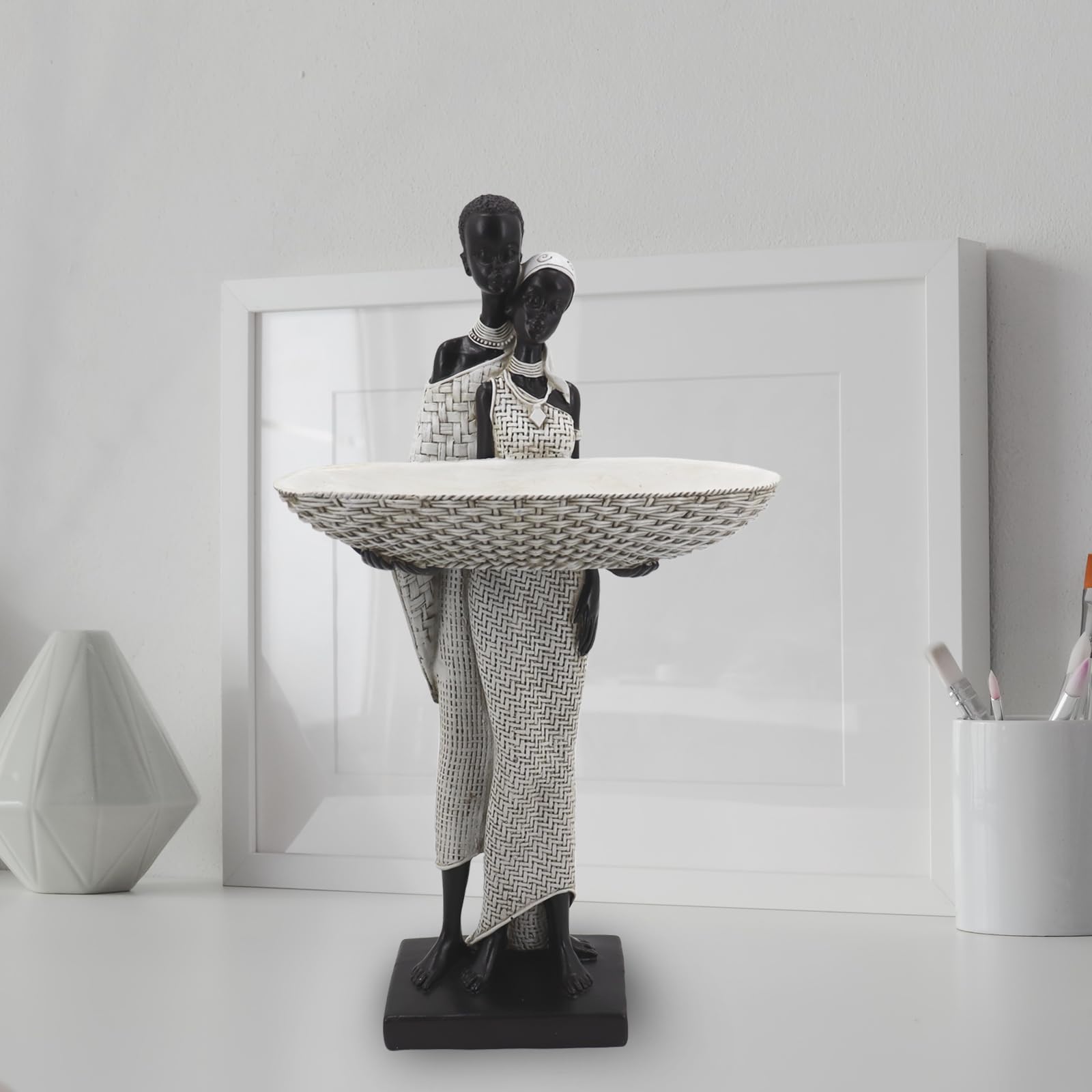 Handmade African Tribal Woman Sculpture - Gold Adorned Seated Figure with Basket, Vintage Resin Statue for Home Decor, Unique Housewarming Gift for Shelf/Table (9.65" H)