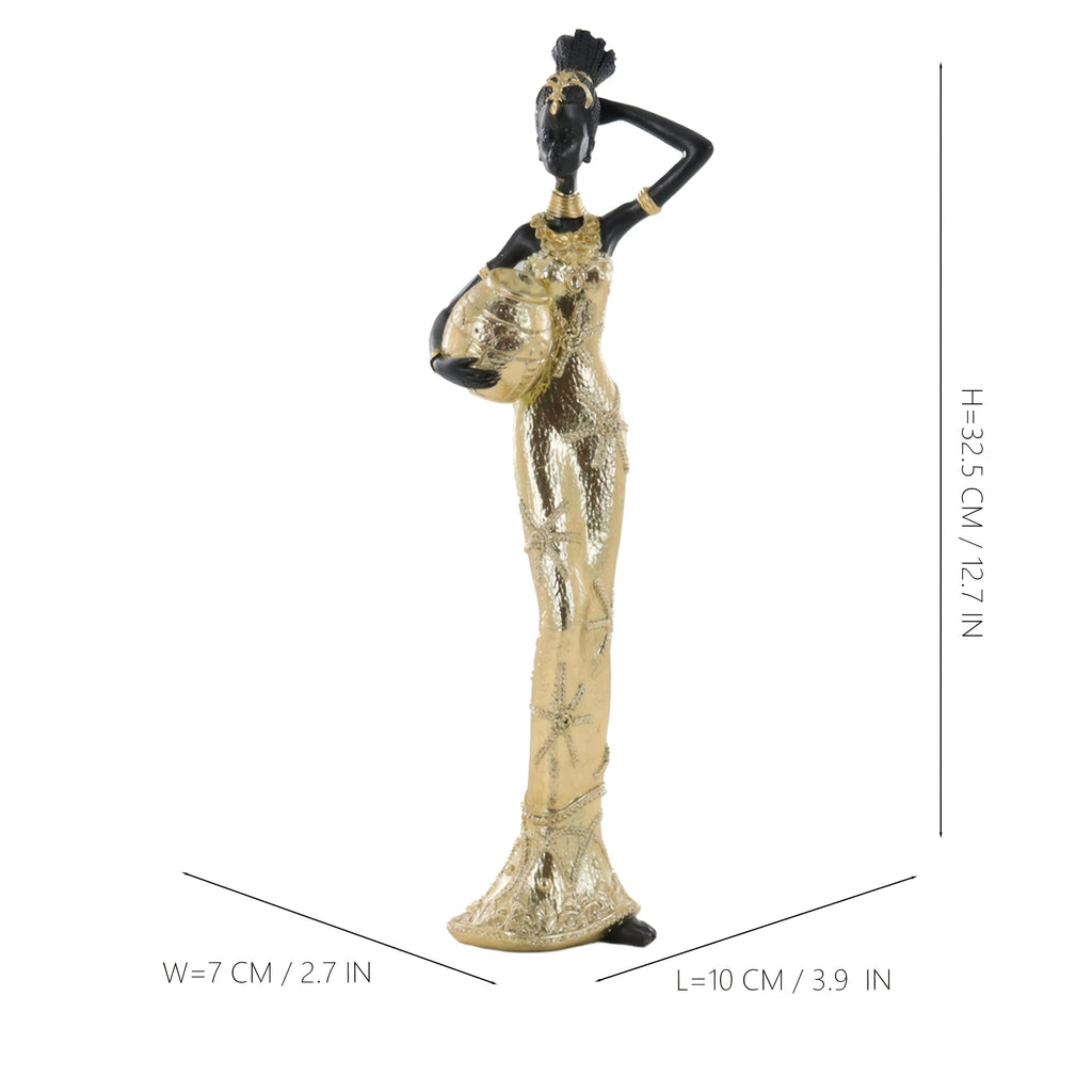 Set of 3 Resin African Woman Statues – Elegant Tribal Figurines in Gold Dresses, Afrocentric Home Decor Sculptures for Living Room, Bookshelf, Gift