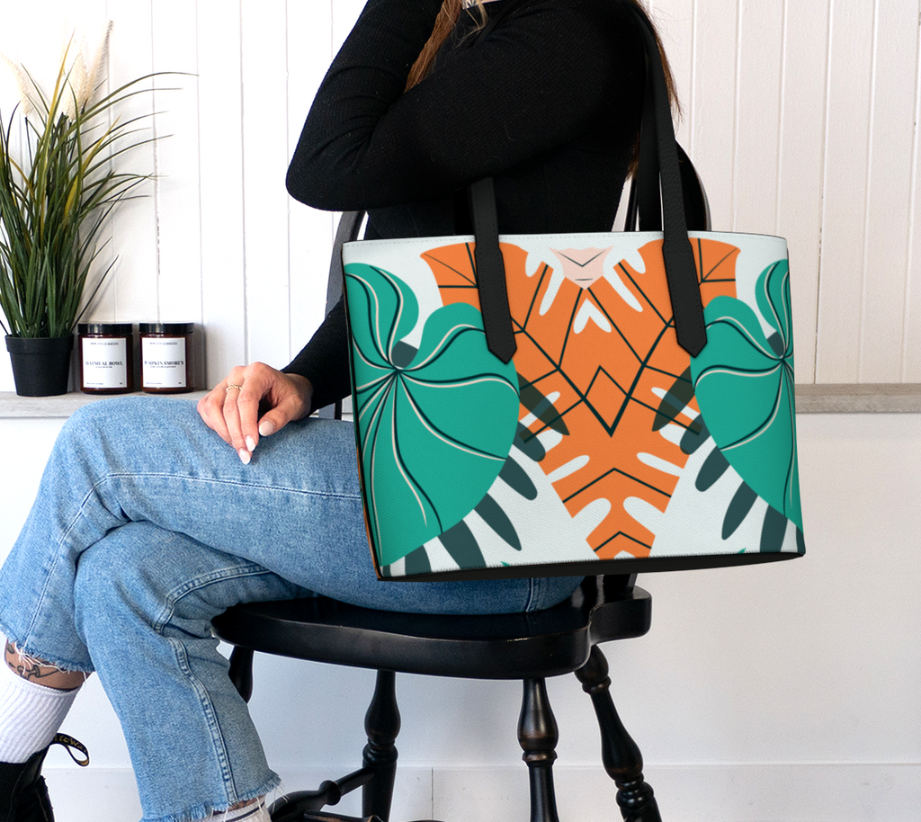 Reverse Tropic Wonders  Leather Tote Bag