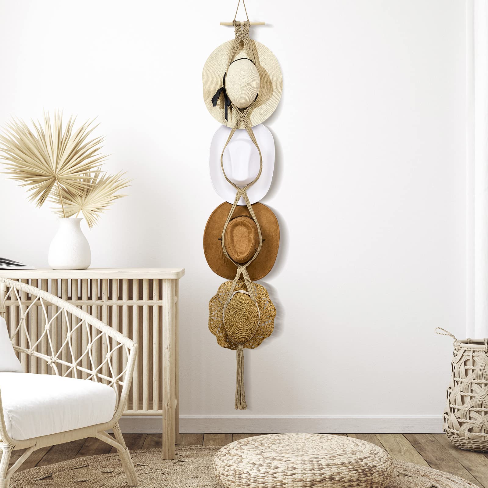 Yulejo Macrame Hat Hangers Boho Hat Rack for Wall Western Cowboy Hanging Organizer for Door Wall Room Bedroom