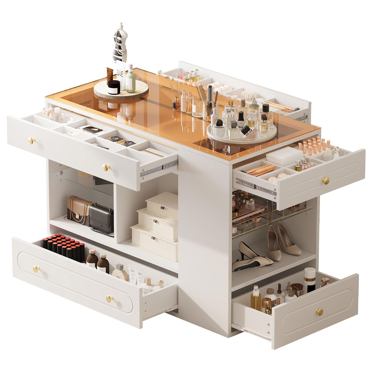 Closet Island with Glass Top and 6 Drawers, Walnut & White Bedroom Storage Island with Open Shelves, Walk-in Wardrobe Dresser Cabinet for Closet, Fitting Room, or Retail Display,White