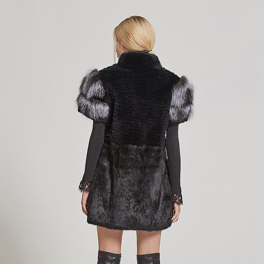 Fur Story Women's Genuine Rabbit Fur Coat With Fox Fur Cuffs Warm Winter Coat Black Long Jacket