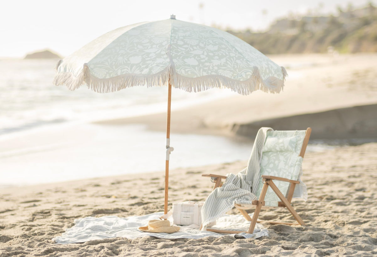One Kings Lane Sage Green/White Flora Lounge Sling Beach Chair - Lightweight Outdoor Folding Chair with Fringe for Camping, Lake, Patio, Sports