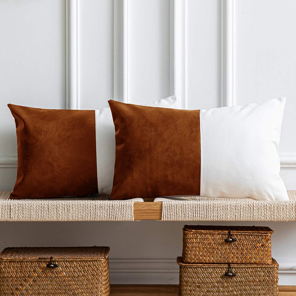 DEZENE Leather Throw Pillow Covers, Set of 2 Modern Leather/Cotton Decorative Pillowcases for Home Decor Bedroom Living Room Couch Bed Sofa, 18x18 Inch, Cognac-Brown and White